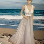 Hebeos wedding dress white lace and tool over champagne sz 2 Photo 2