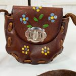 Vintage Mexican Hand Painted Tooled Leather Mini Bag Purse Brown Photo 3