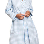 PETITE PLUME Gingham Cotton Robe in Light Blue Gingham Size Medium Photo 0