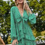 Boutique NEW Green/White Floral Self Tie Long Sleeve Dress Photo 0