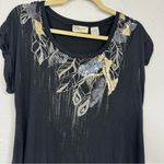 Miss Me  Black Asymmetrical Tee Shirt Womens S Y2K Gold & Silver Sequin Leaf Photo 2