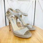 Jimmy Choo  015 Lancer Crystal Suede Strappy Heels Shimmer Silver Open Toe 37 Photo 0