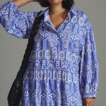 Anthropologie MAEVE BY  bubble hem shirt dress in blue and white 1X Photo 0