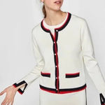ZARA S Knit Pearl Cardigan V White Stripe-Trim Red Blue Sweater Cropped Classic Photo 0