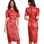 Lulus NWT  Red Crochet Lace Amore Fitted Midi Dress Size XS Wedding Guest NEW Photo 3