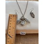 Owl Pendant Necklace & Earrings Set With Hidden Watch Silver Photo 3