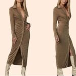 12th Tribe Brown Ruched Long Slevee Button Front Midi Dress M Photo 1
