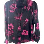 Haver London Women's Floral Satin Like Long Sleeve Button Down Blouse Shirt XS Black Photo 0