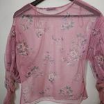 ZARA Blouse Tulle Sheer Floral Pink Puff Sleeves Long Sleeve Casual Crewneck Photo 7