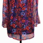 Ella Moss  Silk Floral Purple Red Gold Metallic Stripe Sheer Tie Neck Blouse sz M Photo 6