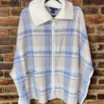 Tahari  Blue Cream Plaid Oversized Full Zip Up Cape Poncho Sweater Women's L/XL Photo 0