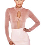 House Of CB  Bodysuit‎ Sz S Concha Pink Metallic Keyhole Mock Neck Long Sleeve Photo 0