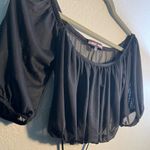 Almost Famous Black Crop Blouse with Puff Sleeves and Tie Front SZ S Wide Neck Photo 4