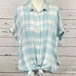 Liverpool Plaid Button Up Tie Front Short Sleeve Blouse M Photo 0