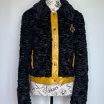 STAUD Buddha black faux shearling fur jacket w/ yellow leather trim size S small Photo 0