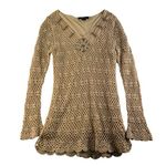 Vtg Y2K XL Tunic Dress Open Knit Crochet Boho Hippie Festival Whimsy Coquette Tan Photo 0
