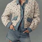 BLANKNYC Love Bird Quilted Floral Jacket Denim Trim Cream Women's M Blue Size M Photo 0