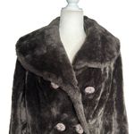 Vintage 70s Double Breasted Faux Fur Coat Large Buttons Pockets Orange Lining Brown Photo 1