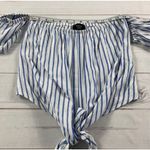 VICI Womens White & Blue Striped Off The Shoulder Tie Waist Top Size Large Photo 6