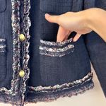 J.Crew  Lady Jacket Navy Blue Floral Liberty Fabric Ruffle Trim Tweed Blazer (4) Photo 7