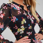 LULUS In The Flowers Navy Blue Floral Print Long Sleeve Skater Dress Size S Black Photo 3