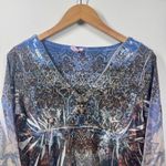 Kiara Top Women M Blue Floral Sequin Collar Y2K Casual 3/4 Sleeve Abstract Size M Photo 1