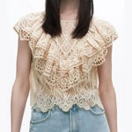 ZARA Lace Ruffle Top M Beige Cream Cropped Boho Prairie Cottagecore Romantic Photo 0