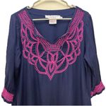 Gretchen Scott Navy Blue Pink Embroidery V Neck Gauze Pockets Tunic Dress LARGE Photo 1