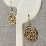 Sparkling Two Tone Round Medallion Pave Crystal Rhinestone Drop Dangly Earrings Silver Photo 2