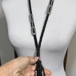 Black Braided Leather Lariat Western Necklace Silver Accents Vintage Italian Photo 0