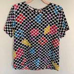 Vintage | Bobbie Brooks Rainbow Checkerboard Print Short Sleeve Blouse Top S Black Photo 0