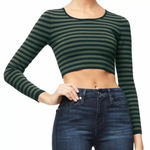 Good American NWT  Womens Stripe Long Sleeve Crop Top 2 medium Green/Navy Photo 0