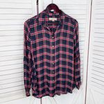 Loft Plaid Lightweight Bishop Sleeve Button Up Tunic Shirt Blue Red Small Photo 8