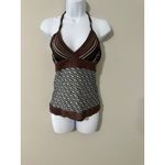 Trina Turk  SILK Halter Top Knit Brown Stripe Geometric Woven‎ Sleeveless Size 0 Photo 1