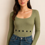 ZARA  Green Ribbed Bodysuit Long Sleeve Square Neck Button Detail Size M Photo 0