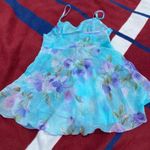 Oasis  blue V-neck flowy cami tank top with gorgeous purple flower detailing AOP Photo 1