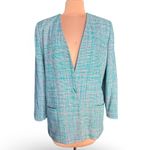 Vintage 80s Pastel Teal Pink Plaid Oversized Blazer Jacket Silk Preppy Academia Blue Size 12 Photo 1