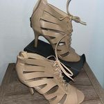 X-Appeal Chic Feminine Beige Tan Peep Toe Cut Out Lace Up 4-Inch Heel Shoes Sz 8 Photo 0