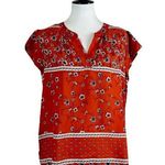 Liz Claiborne  Women’s Blouse V-neck Short Sleeves Orange White Floral Size Large Photo 0
