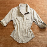 Simply Blessed Button Front Roll Tab Sleeve Fitted Shirt Beige Size M Tan Size M Photo 0