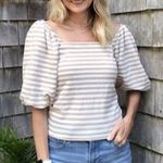 Ann Taylor  Striped Smoked back square neck Tan & White Balloon Sleeve Top Sz L Photo 1