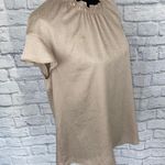 EXPRESS print blouse w/elastic mock ruffle collar flutter sleeves beige sz L Photo 3