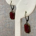 Signed NR Vintage Red Emerald Cut Leverback Dangle Earrings Antique Gold Tone Photo 2