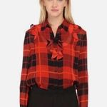 Kate Spade  Red Plaid Semi Sheer Silk Ruffle Shirt size 2 Photo 0