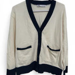 ZARA  Cream Cardigan Sweater – Navy Contrast Trim, Button Down, Size M Photo 0