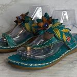 Spring Step  Size 39 8 US Bajan Turquoise Floral Sandal Slide Thong Leather Photo 0