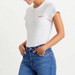 Levi's Logo White Fitted Bodysuit Crew Neck Spell Out Red 70s Retro Serif Graphic Photo 0