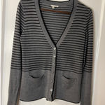 Halogen  Gray & Black Striped 100% Merino Wool Cardigan Sweater w Buttons Pockets Photo 0