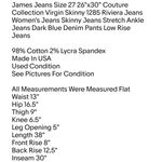 James Jeans Size 27 26"x30" Couture Collection Virgin Skinny 1285 Riviera Jeans Photo 6