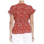 Max Studio L Large Top Blouse Scarlet Red Daisy Floral Ruffled Sleeve Tie Photo 2